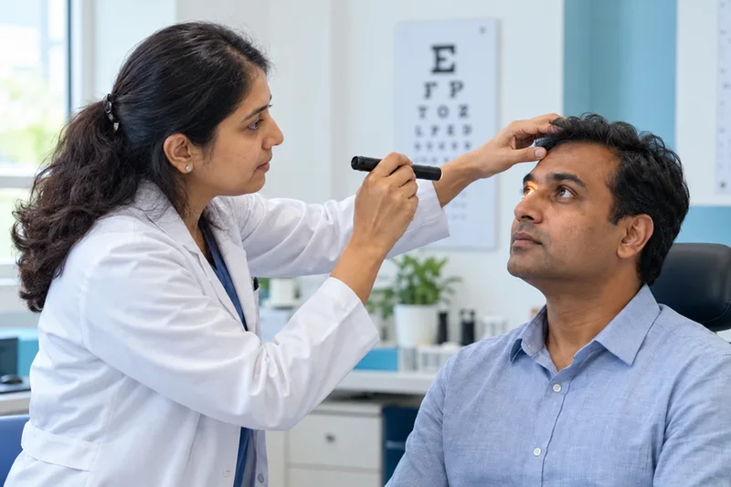 Illustrative photo of a comprehensive eye examination using a handheld examination light
